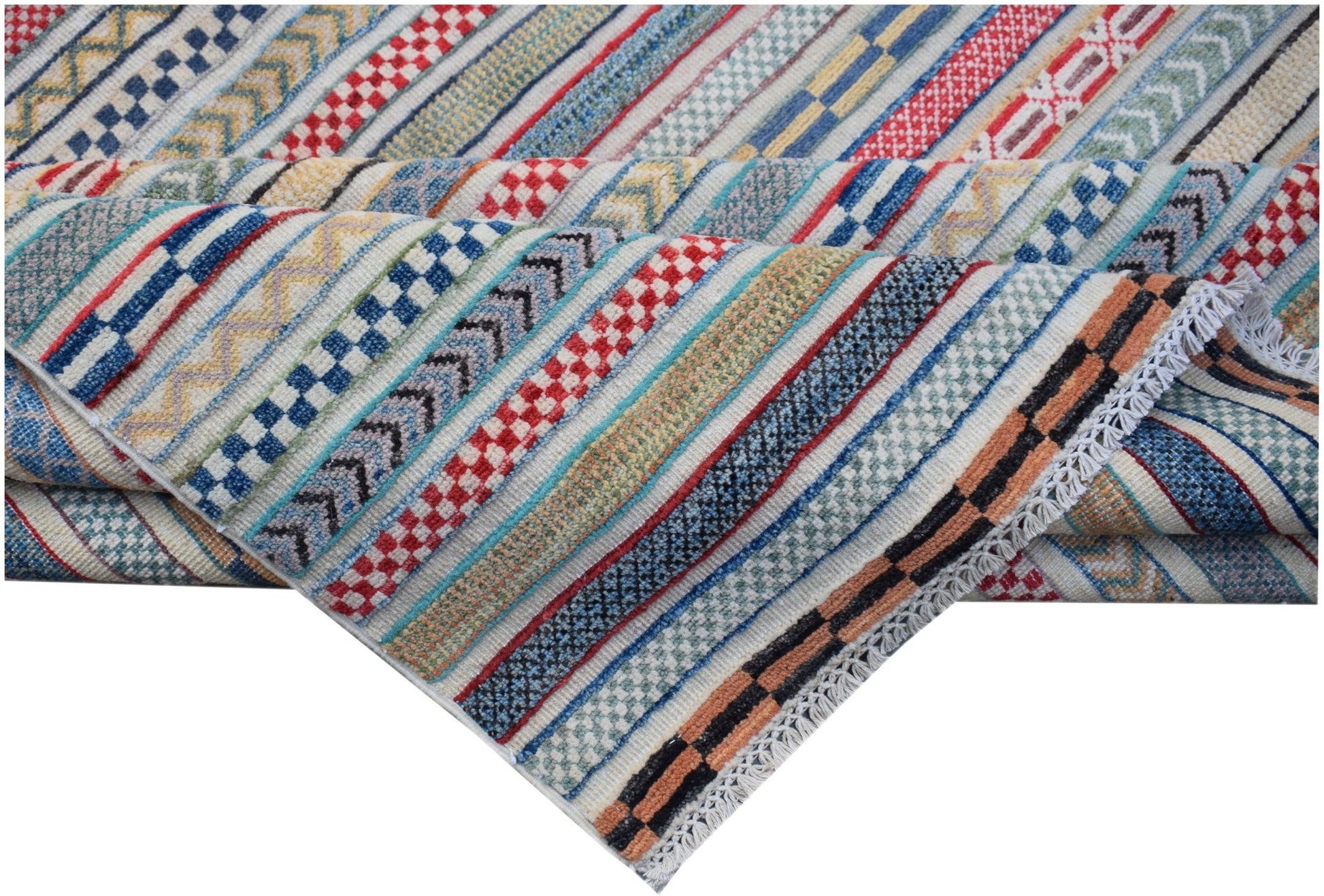 Handmade Afghan Yekta rug featuring a vibrant, multi-colored striped pattern with geometric motifs.
