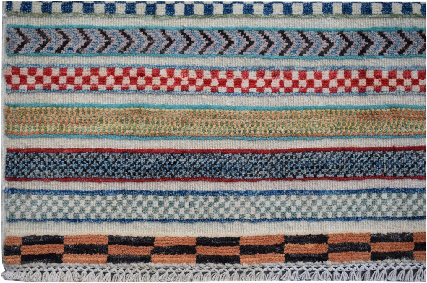 Handmade Afghan Yekta rug featuring horizontal bands of colorful geometric and checkered patterns.