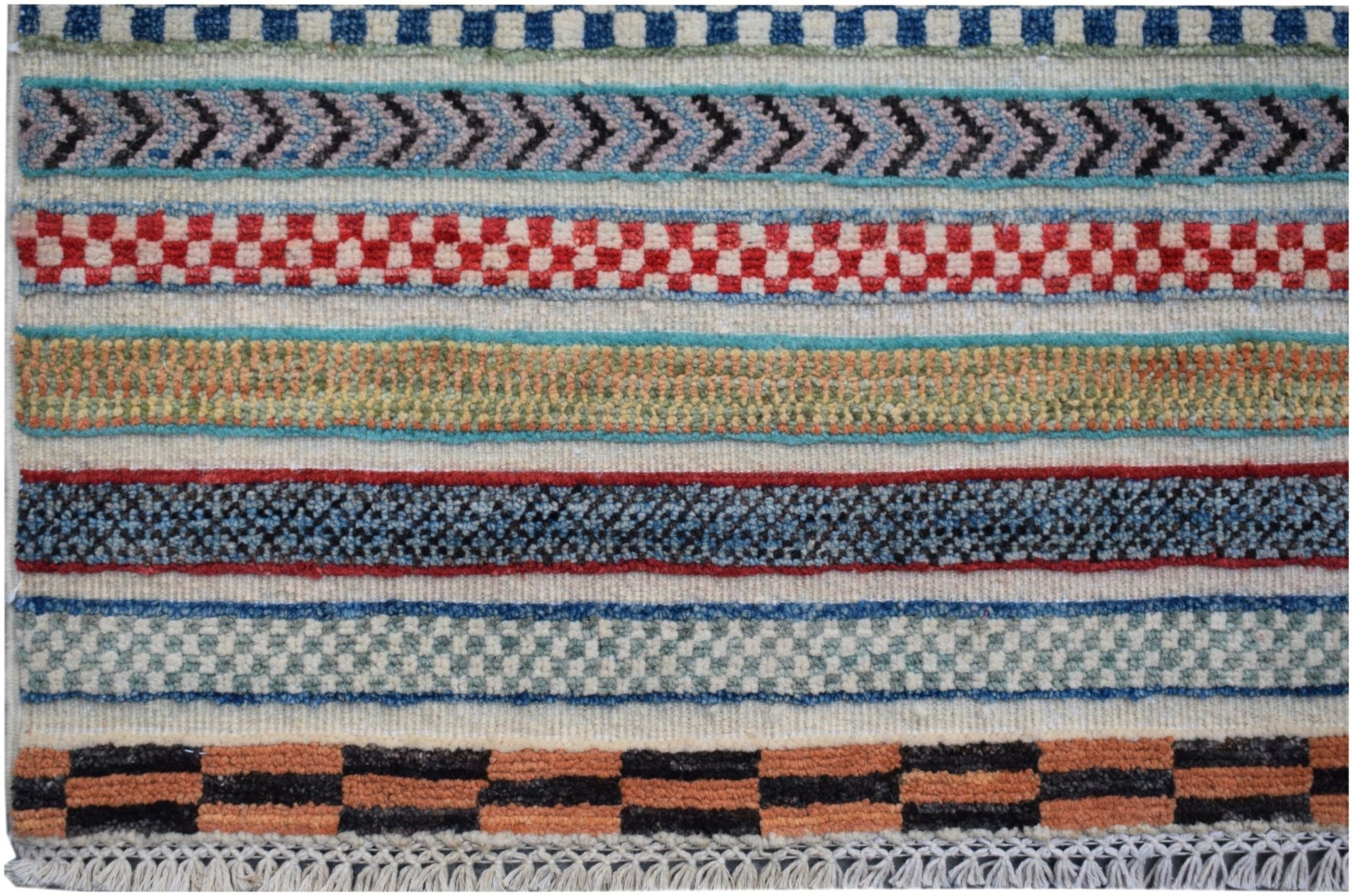 Handmade Afghan Yekta rug featuring horizontal bands of colorful geometric and checkered patterns.