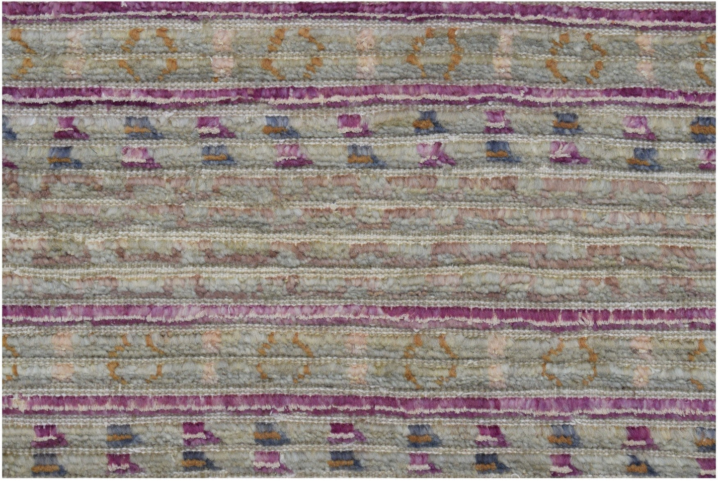 Handmade Afghan Yekta rug featuring horizontal stripes of textured wool in purple, grey, and tan.