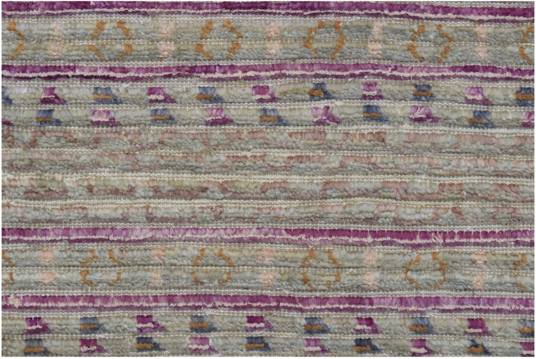 Handmade Afghan Yekta rug featuring horizontal stripes of textured wool in purple, grey, and tan.