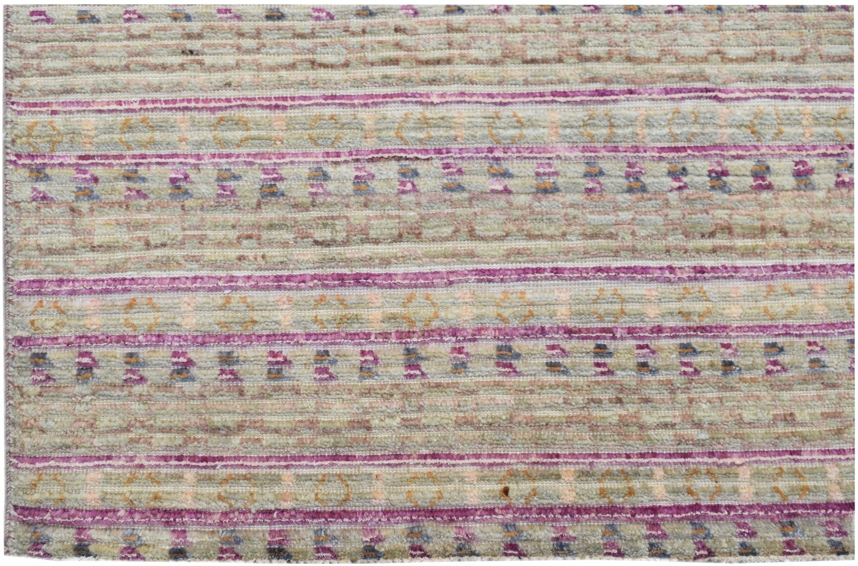 Handmade Afghan Yekta rug featuring horizontal stripes of magenta, beige, and geometric patterns.