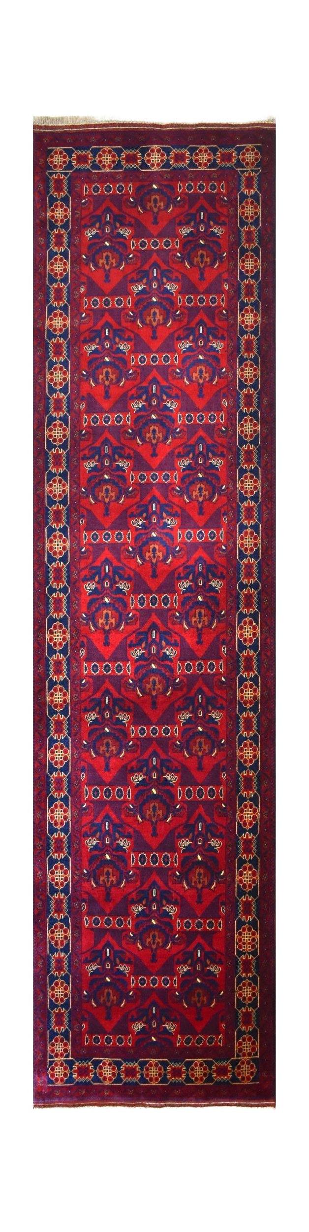 Handmade Afghan Biljik runner rug featuring a deep red field with blue geometric floral motifs.