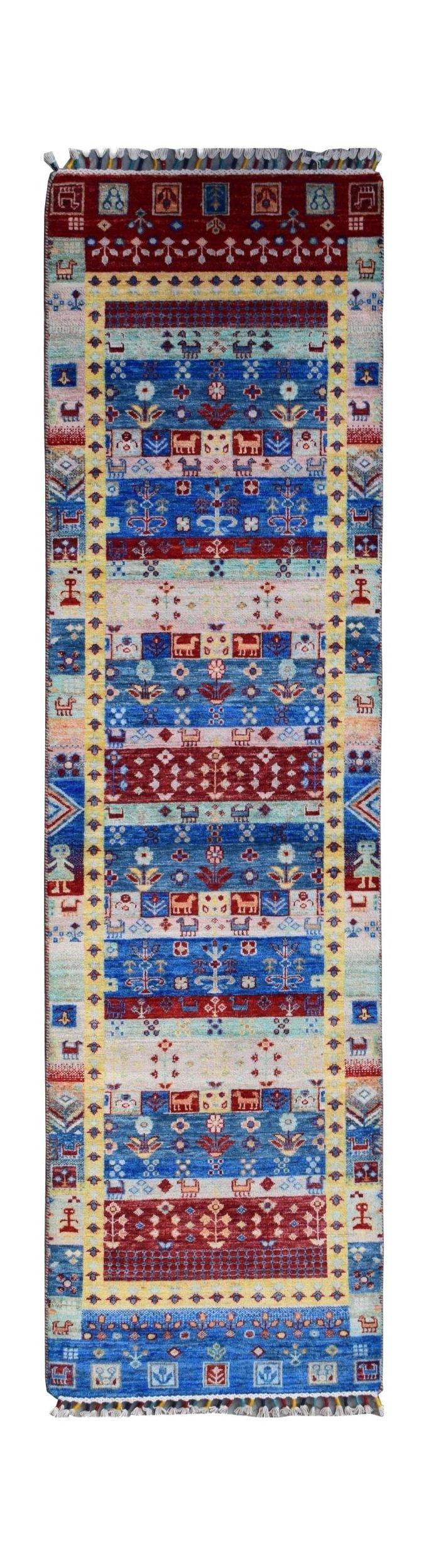 Handmade Afghan Chobi runner rug featuring a vibrant geometric pattern in blue, red, and yellow.
