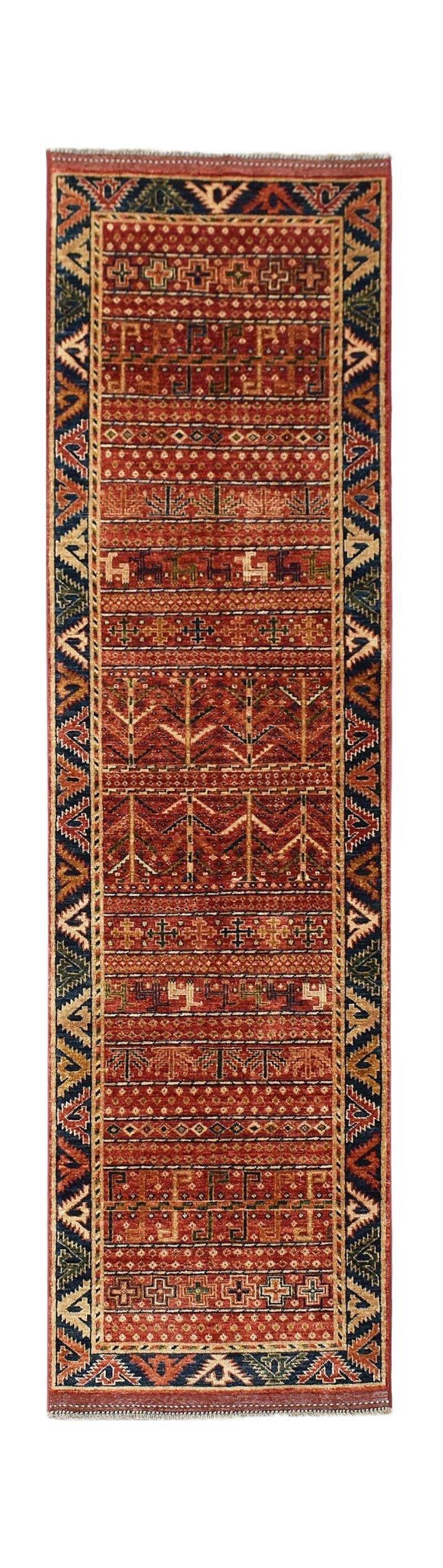 A handwoven Afghan Chobi runner featuring geometric patterns in warm, earthy wood tones.