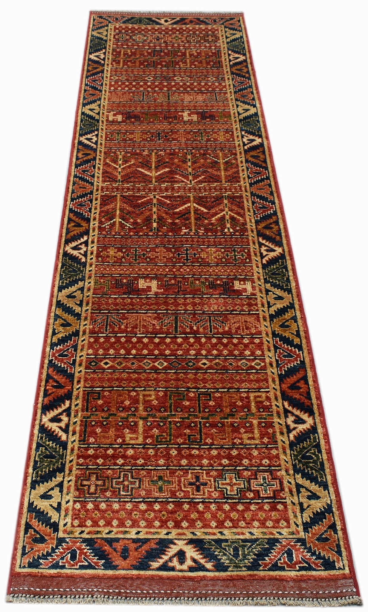 A handwoven Afghan Chobi runner rug featuring traditional geometric patterns in warm red tones.