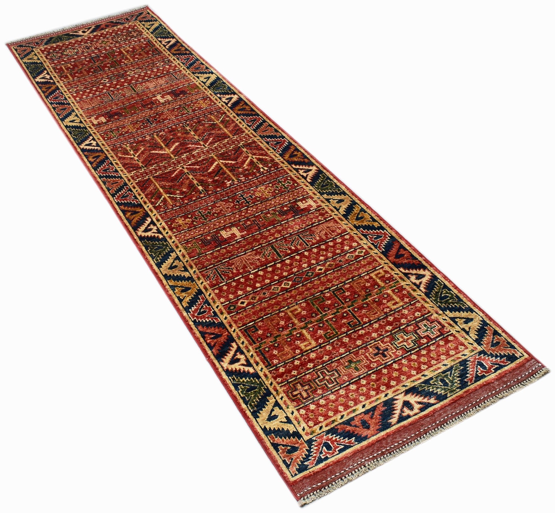 A handwoven Afghan Chobi runner rug featuring traditional geometric patterns in warm red tones.