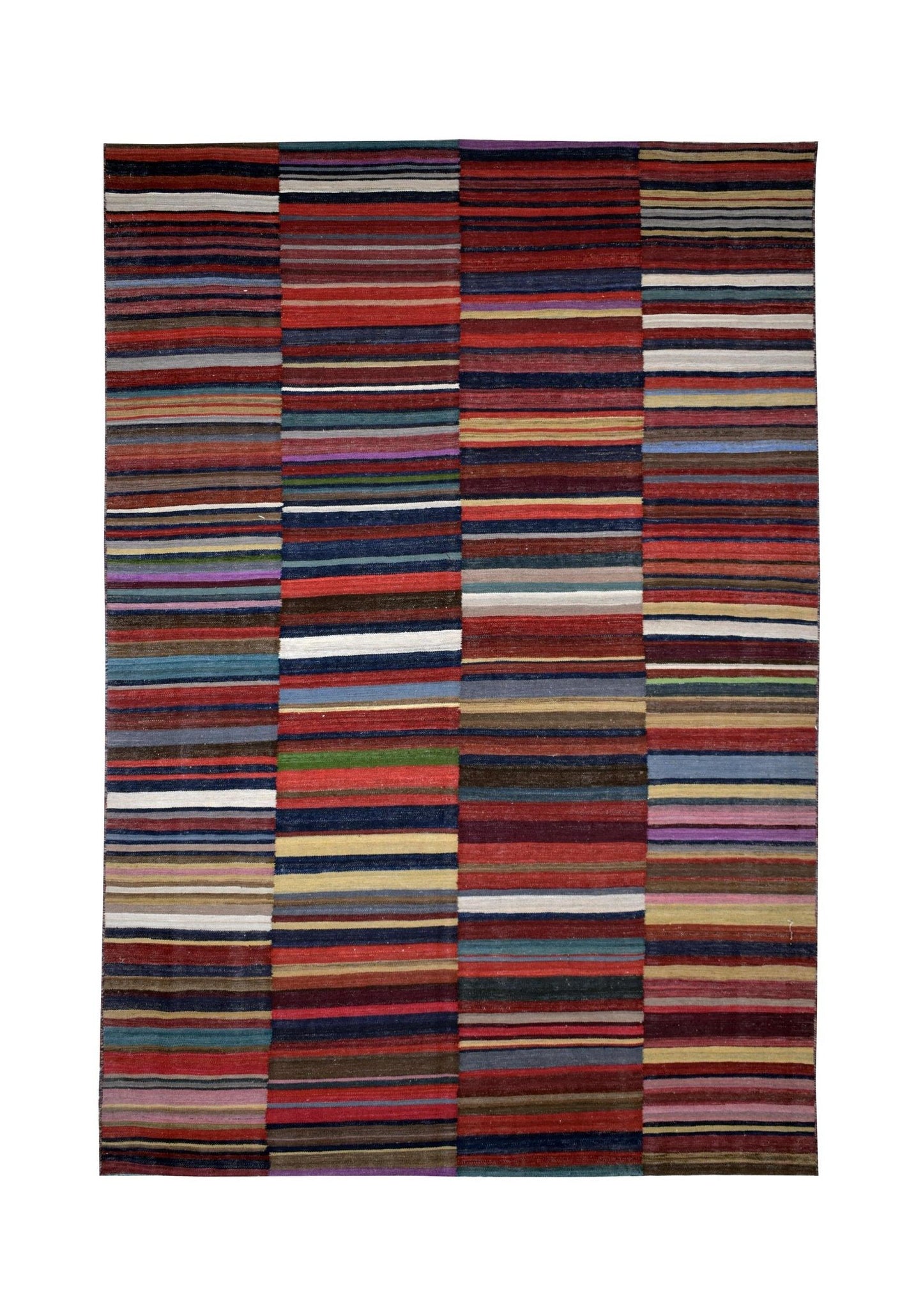 Handmade Afghan Maimana kilim rug featuring a vibrant, multi-colored striped pattern.