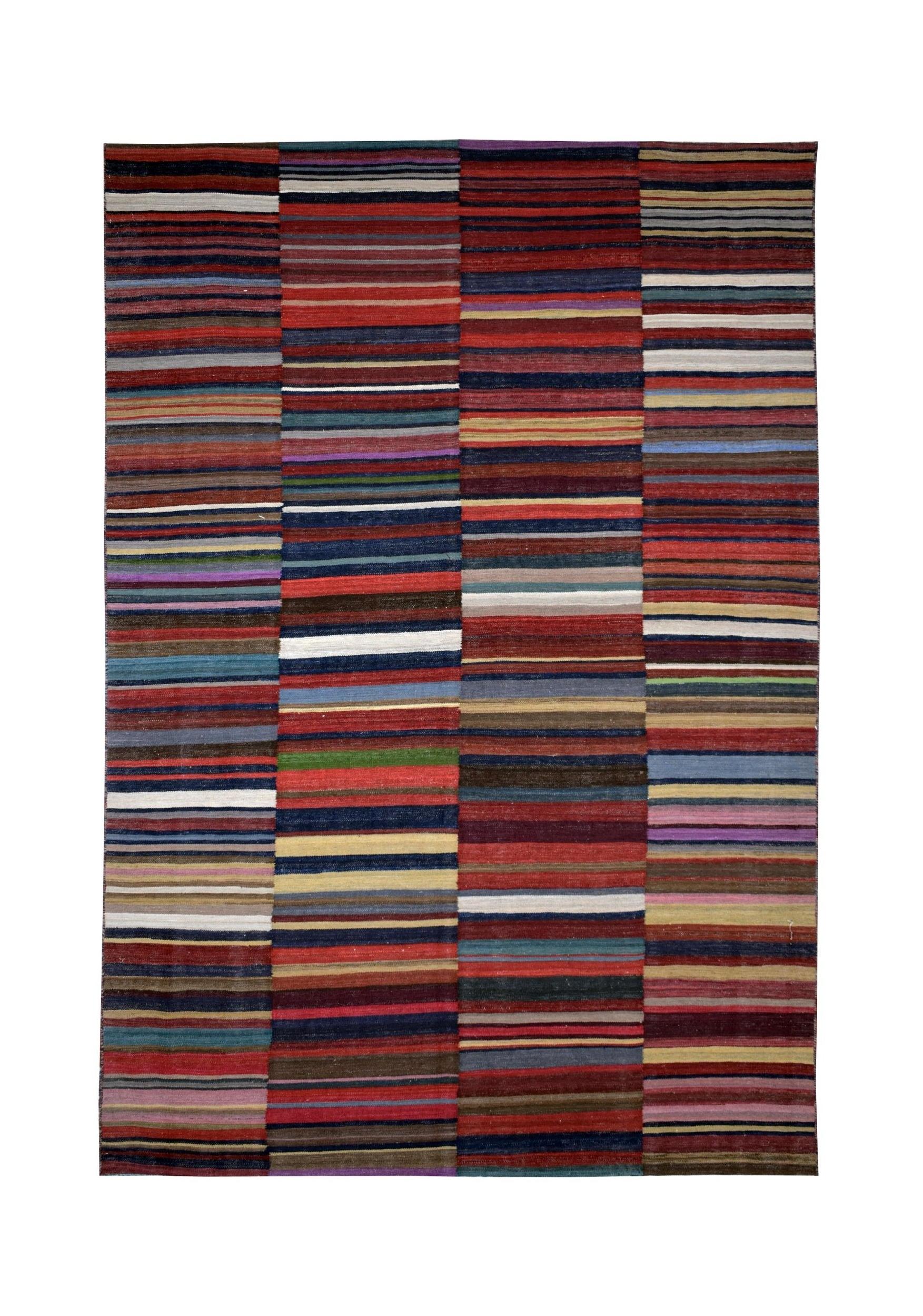 Handmade Afghan Maimana kilim rug featuring a vibrant, multi-colored striped pattern.