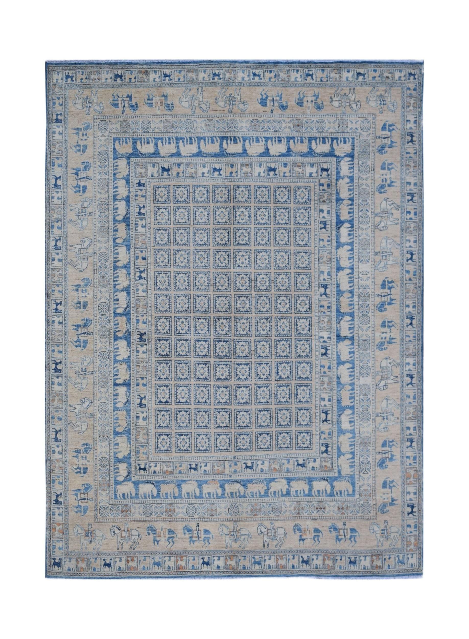 Handmade Afghan Chobi rug featuring a blue and beige grid pattern with animal motifs.