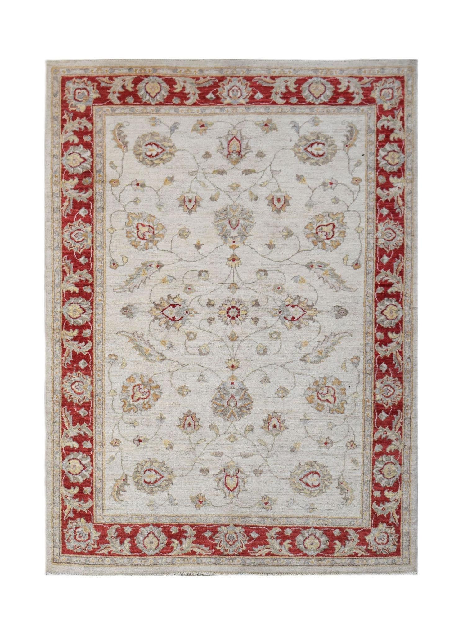 Handwoven Afghan Chobi rug featuring a floral pattern in red and beige tones.