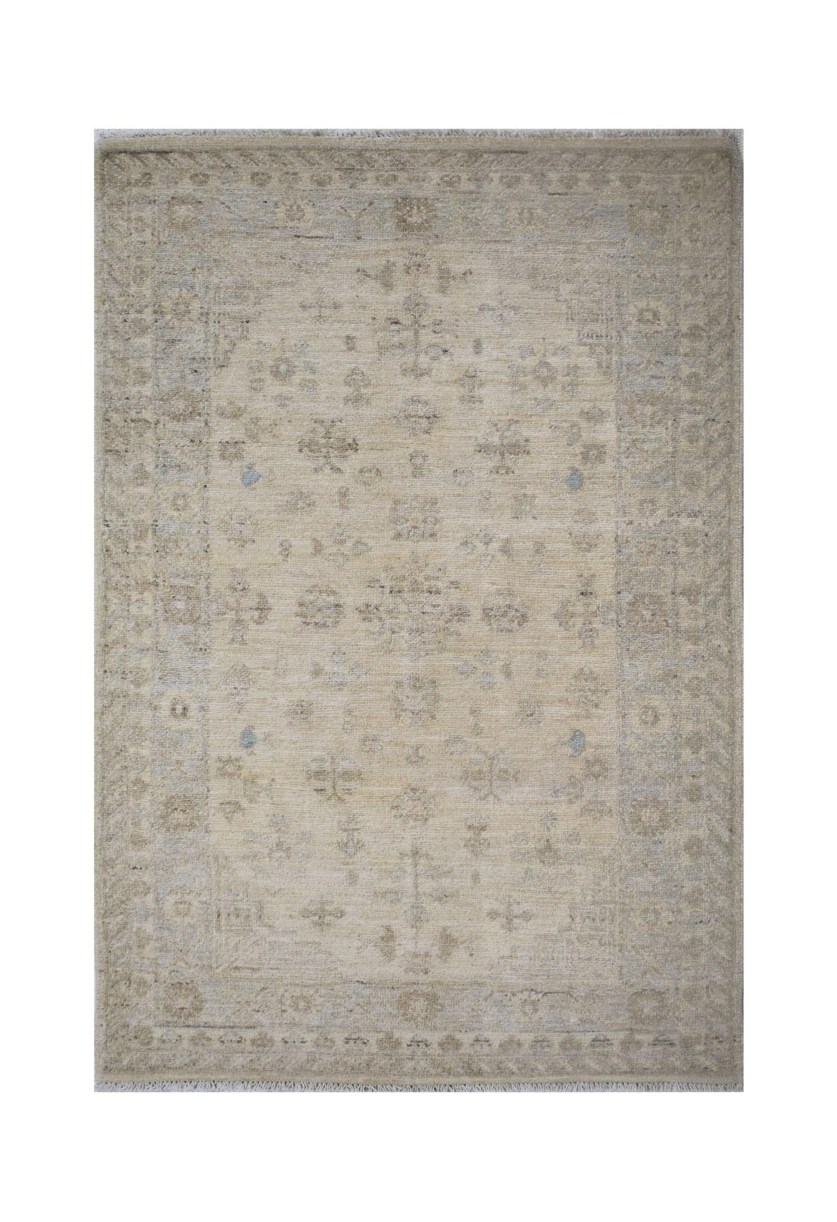 A rectangular Afghan Chobi rug featuring a traditional floral pattern in neutral beige tones.