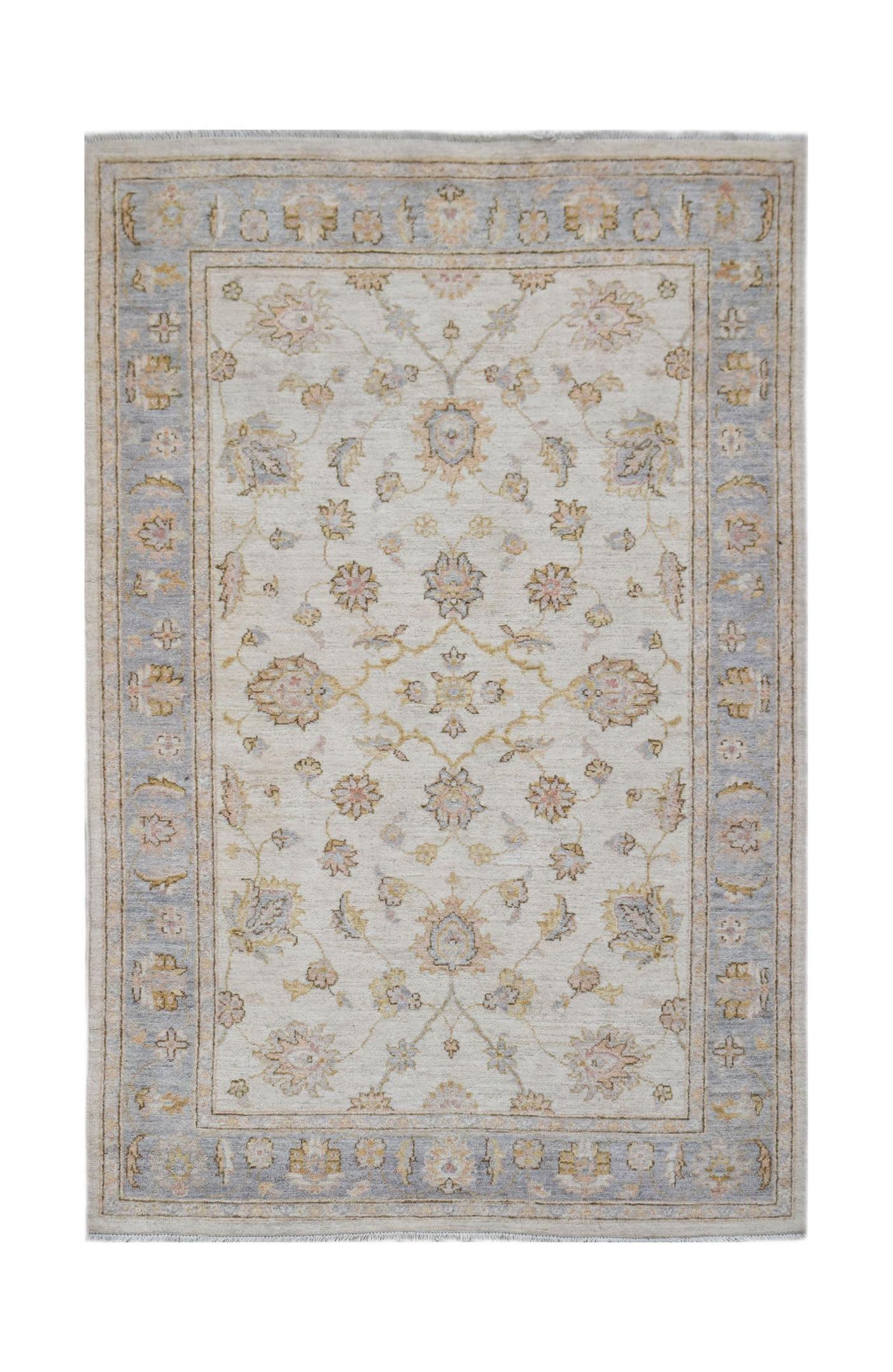 A rectangular Afghan Chobi rug featuring a traditional floral pattern in soft blue and beige tones.