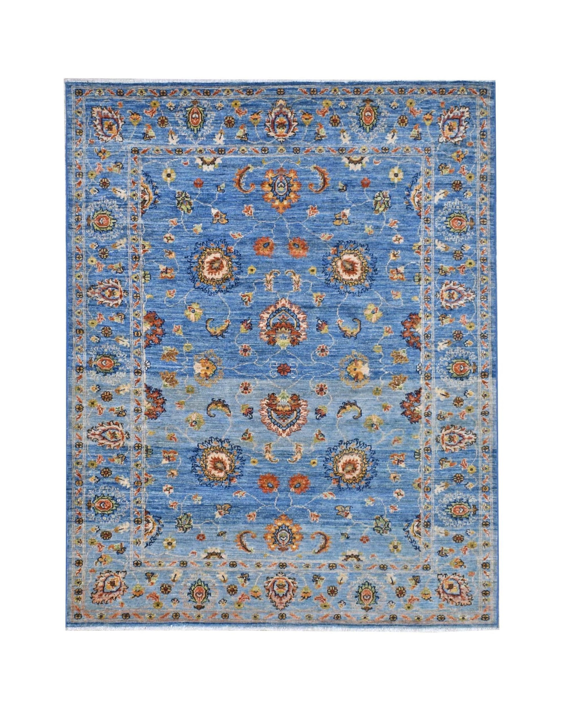 A rectangular Afghan Chobi rug featuring intricate floral patterns in blue, orange, and cream.