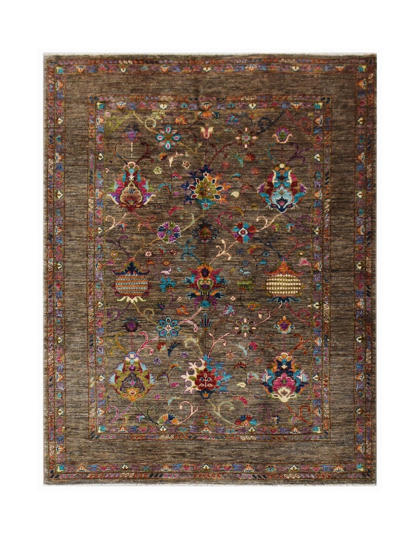 A rectangular Afghan Chobi rug featuring a brown field with colorful floral motifs and a border.