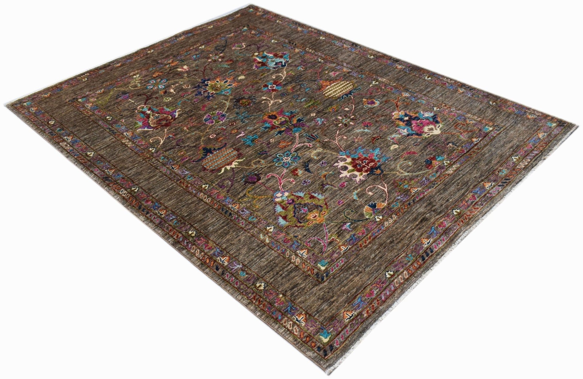 A rectangular Afghan Chobi rug featuring a brown field with colorful floral patterns.