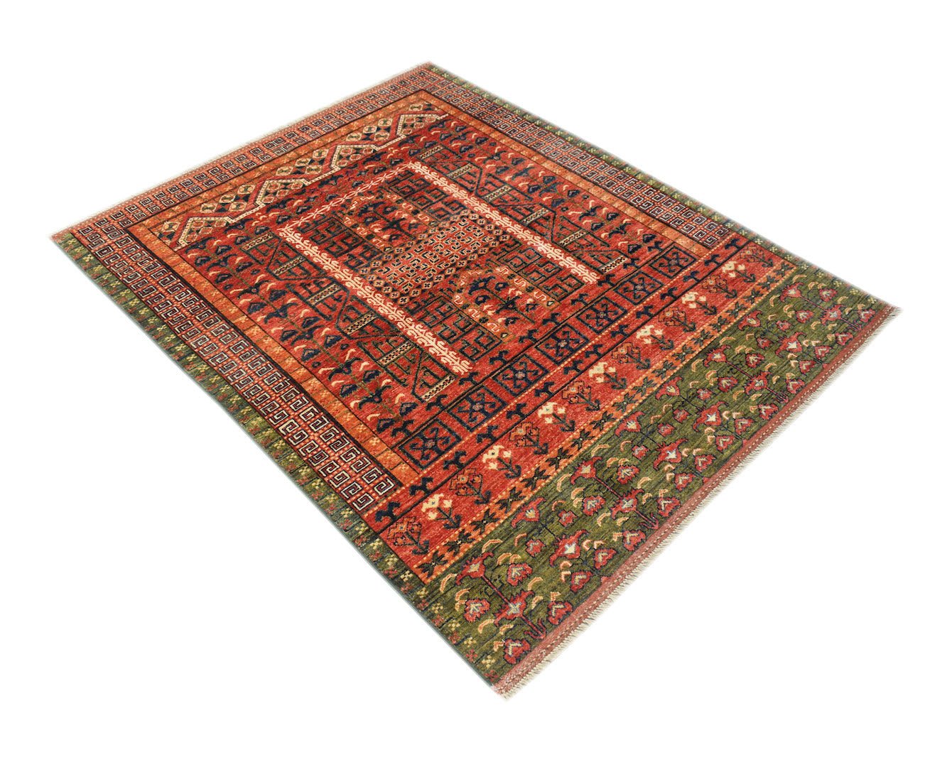 A rectangular handmade Afghan Chobi rug featuring traditional geometric patterns in red and green.