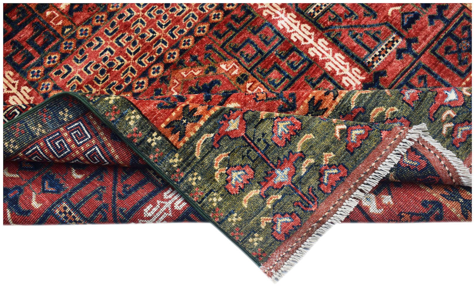 A handwoven Afghan Chobi rug featuring traditional geometric patterns in red, blue, and green.