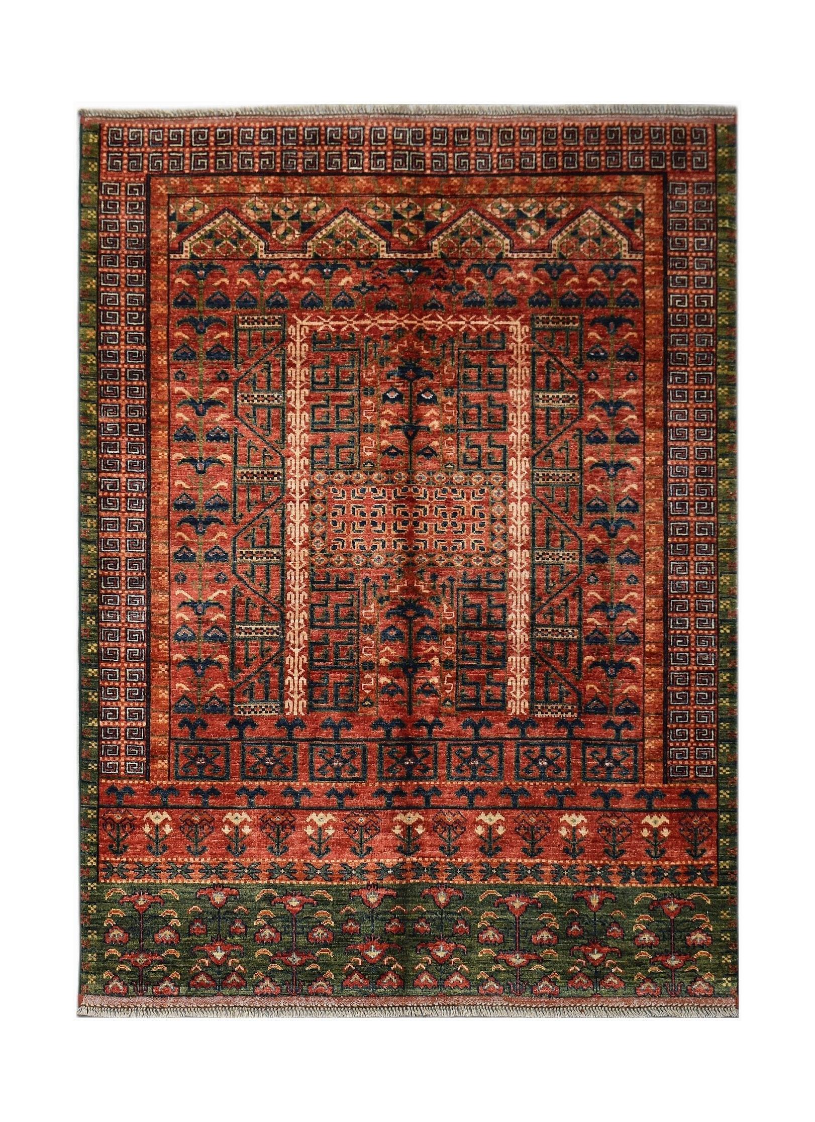 Handwoven Afghan Chobi rug featuring a traditional geometric pattern in red, blue, and green tones.