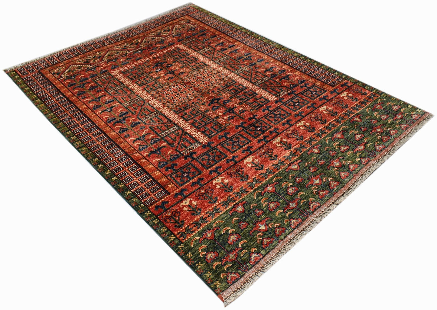 A rectangular Afghan Chobi rug featuring a geometric pattern in red, blue, and green tones.