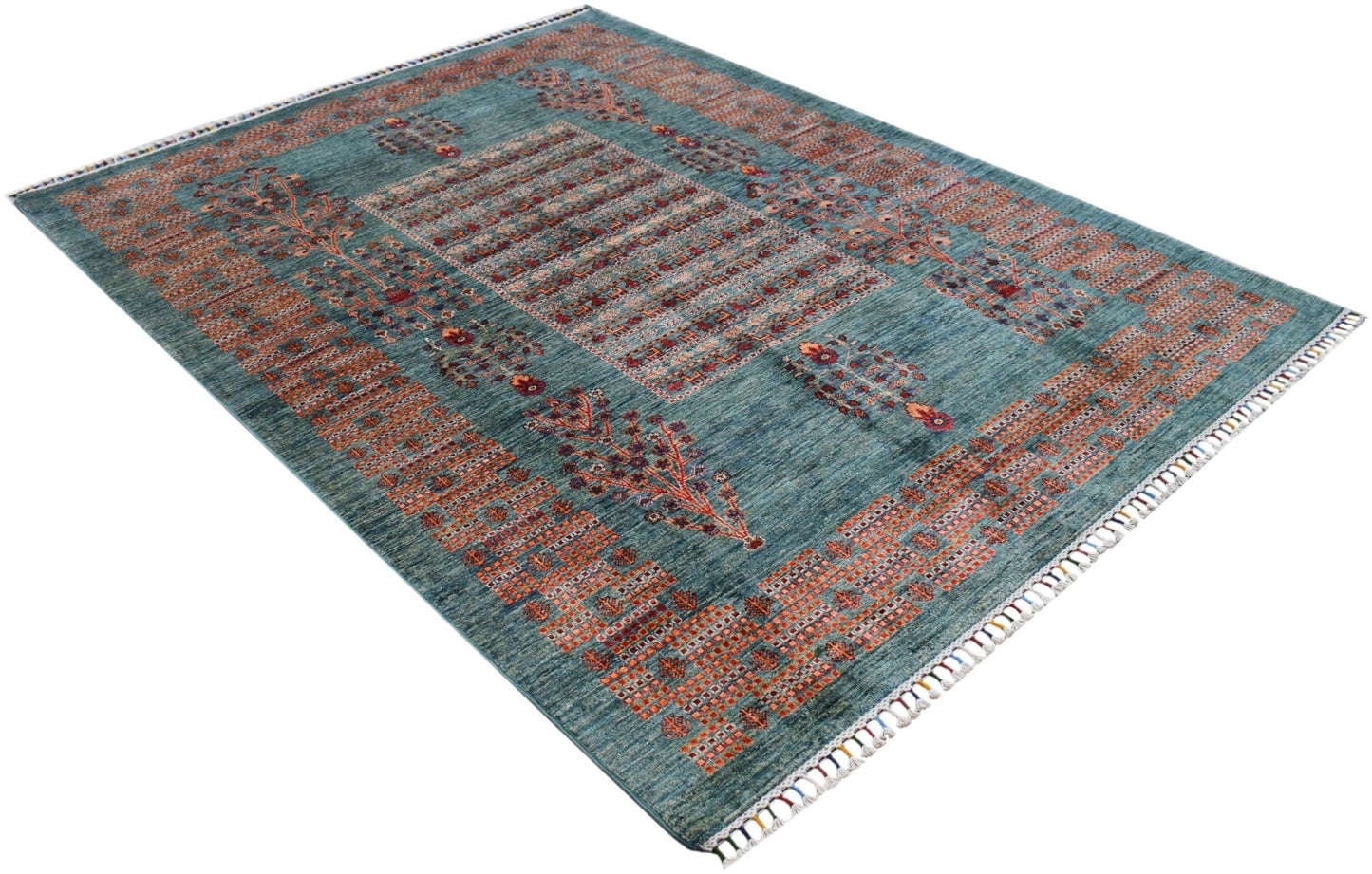 A handmade Afghan Chobi rug featuring a teal field with intricate floral and geometric patterns.