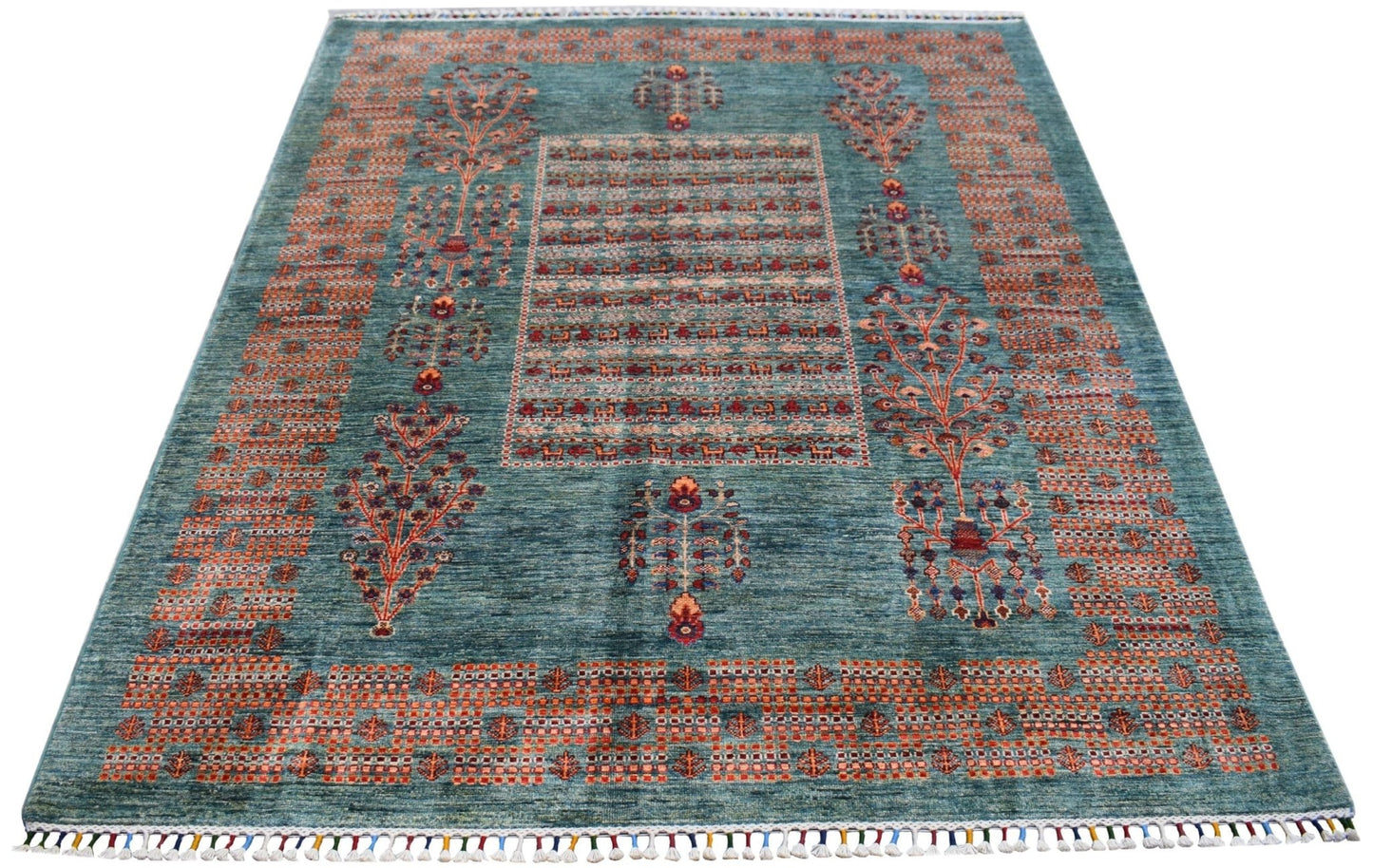 A handmade Afghan Chobi rug featuring a teal field with orange floral motifs and a geometric border.