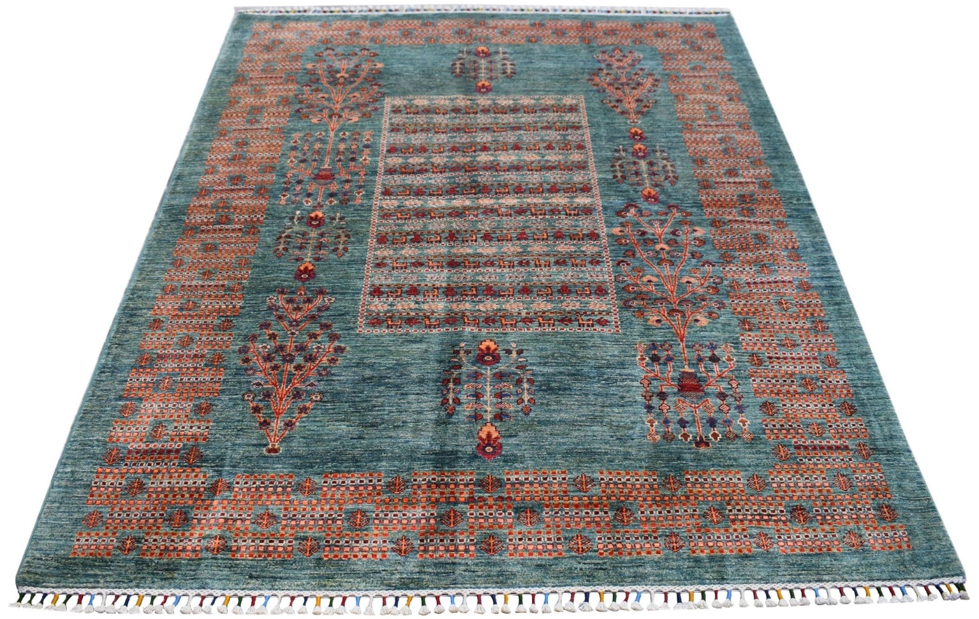 A handmade Afghan Chobi rug featuring a teal field with orange floral motifs and a geometric border.