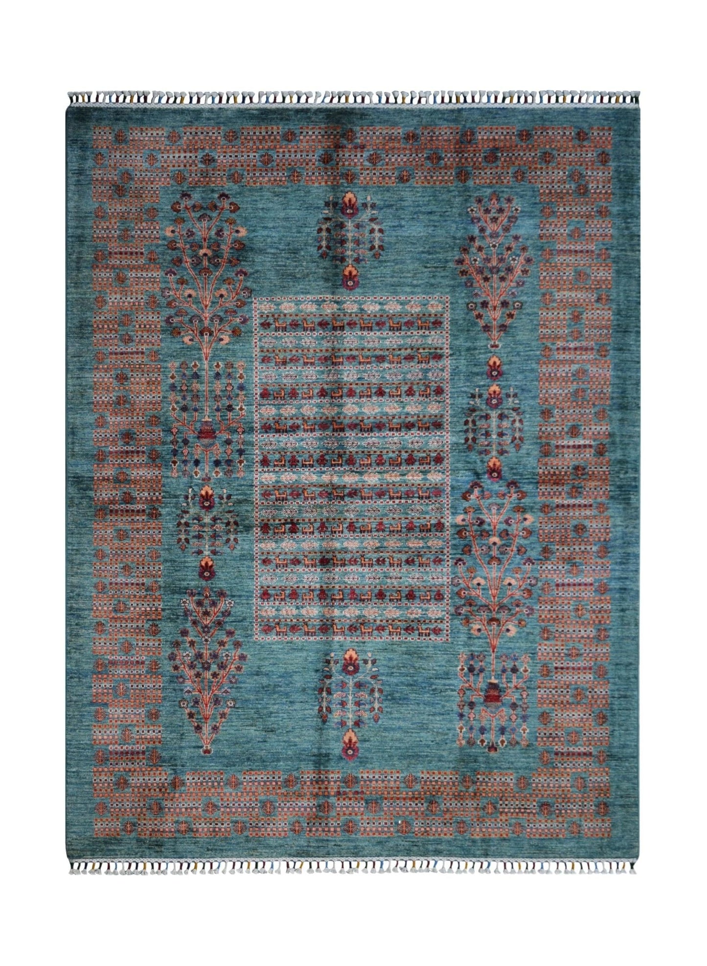 Handmade Afghan Chobi rug featuring a teal field with floral motifs and a geometric border.