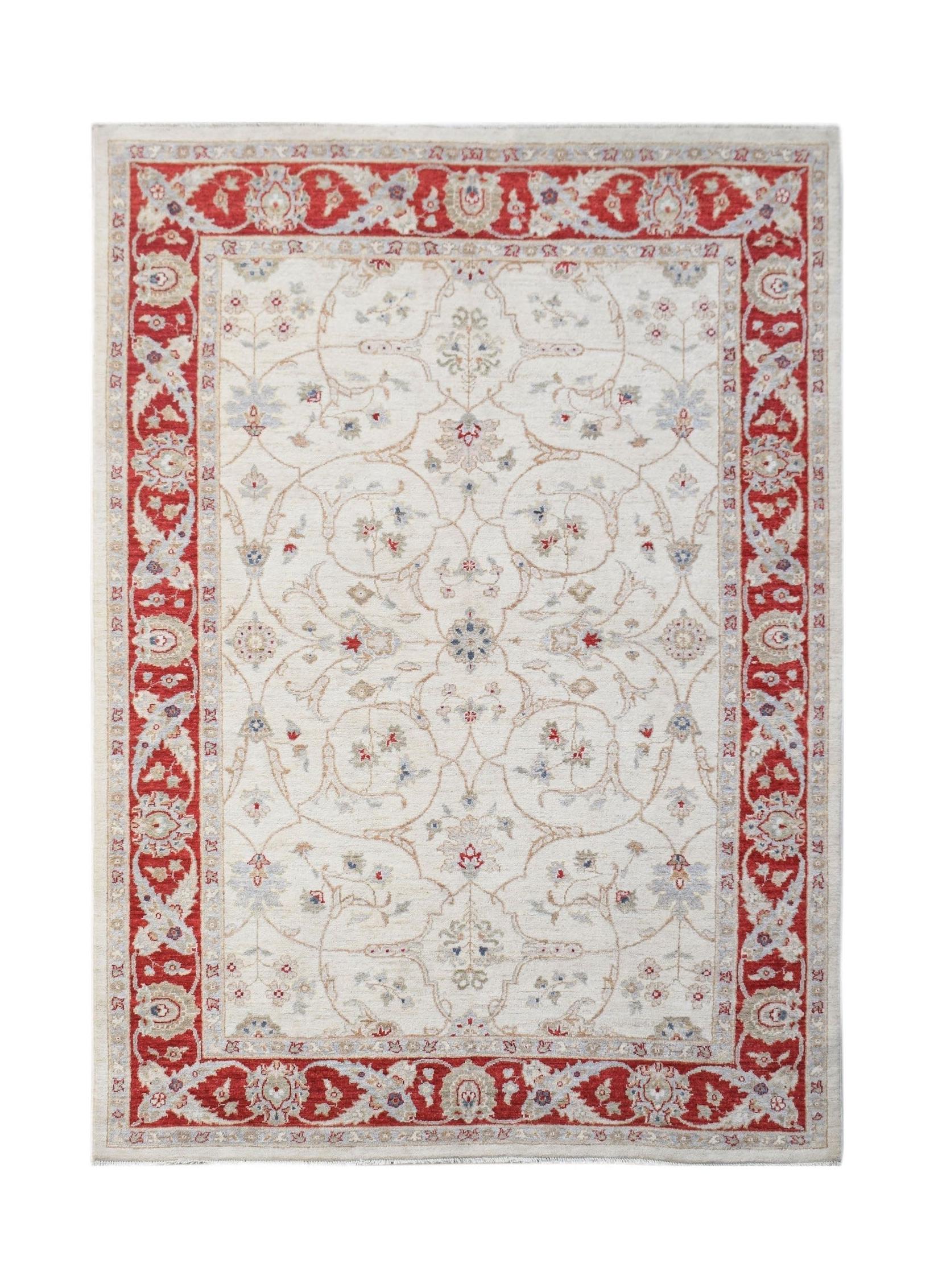 Handwoven Afghan Chobi rug featuring a cream field with red floral borders and intricate patterns.