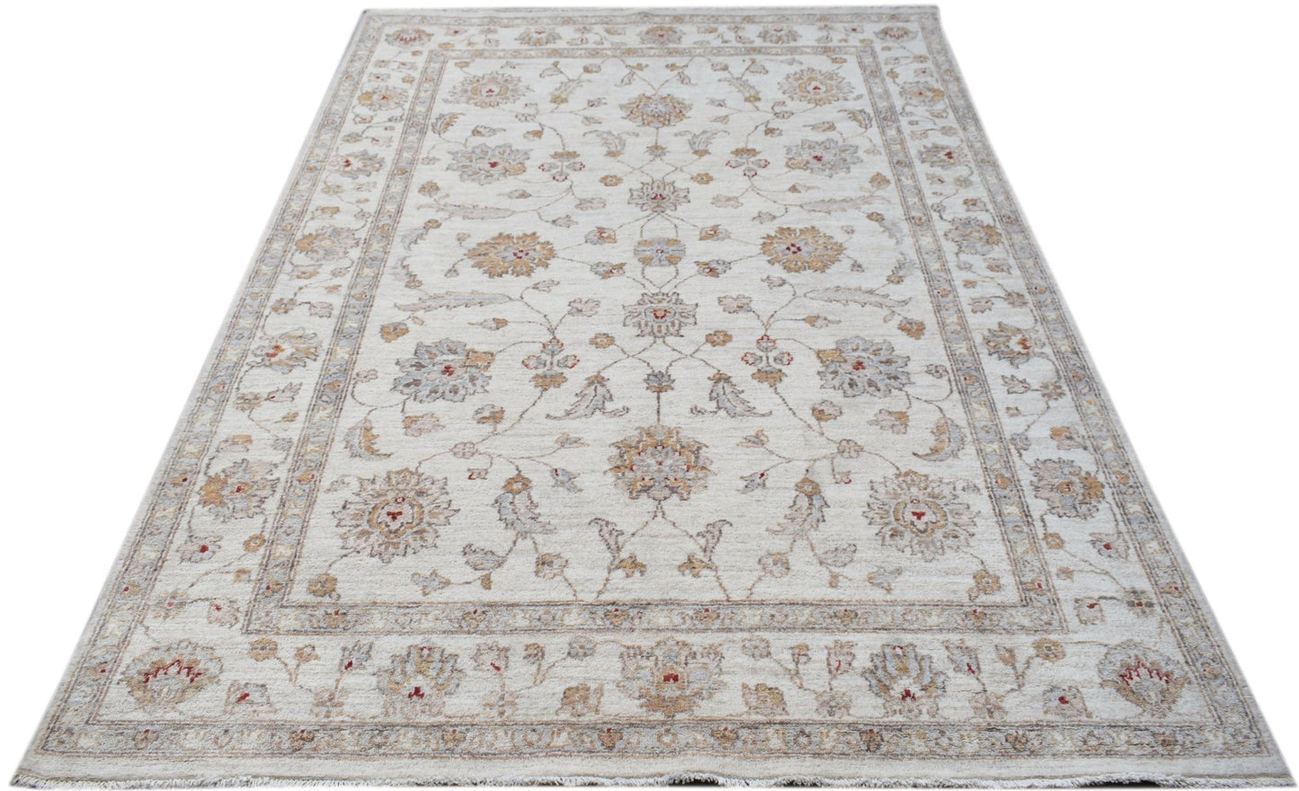 A rectangular Afghan Chobi rug featuring a traditional floral pattern in soft, earthy tones.