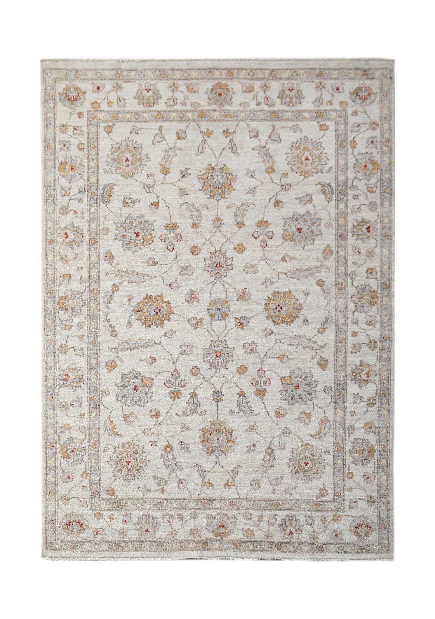 An Afghan Chobi rug featuring a traditional floral pattern in soft beige, gold, and grey tones.