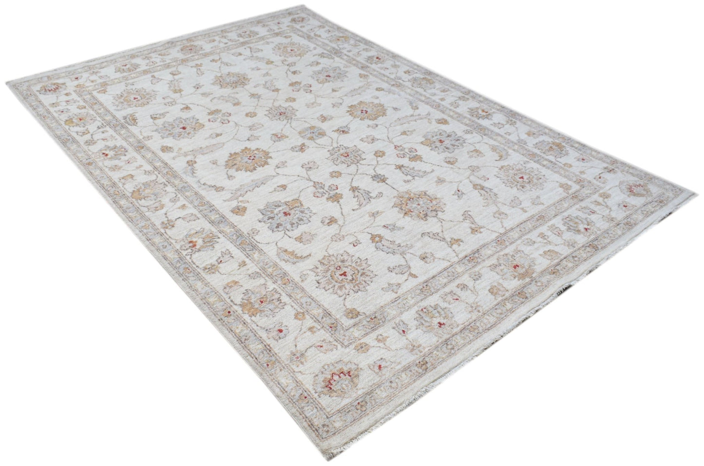 A rectangular Afghan Chobi rug featuring a traditional floral pattern in soft, neutral tones.