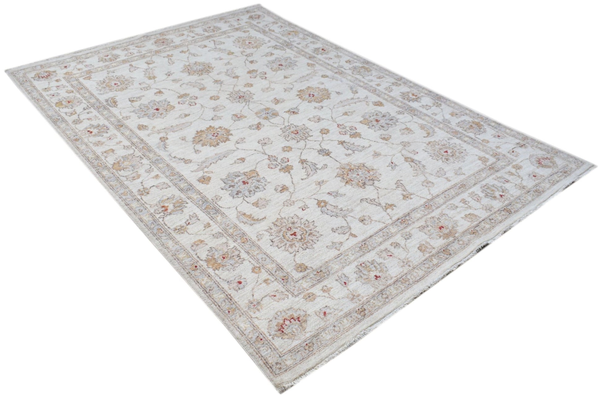 A rectangular Afghan Chobi rug featuring a traditional floral pattern in soft, neutral tones.