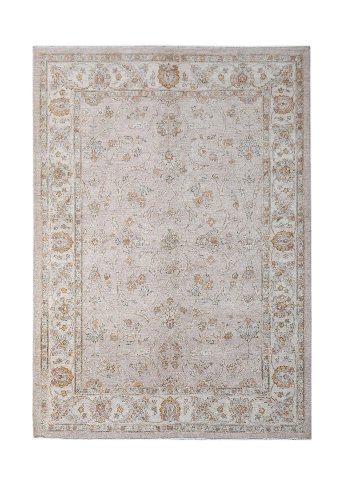 A rectangular Afghan Chobi rug featuring a traditional floral pattern in soft beige and wood tones.