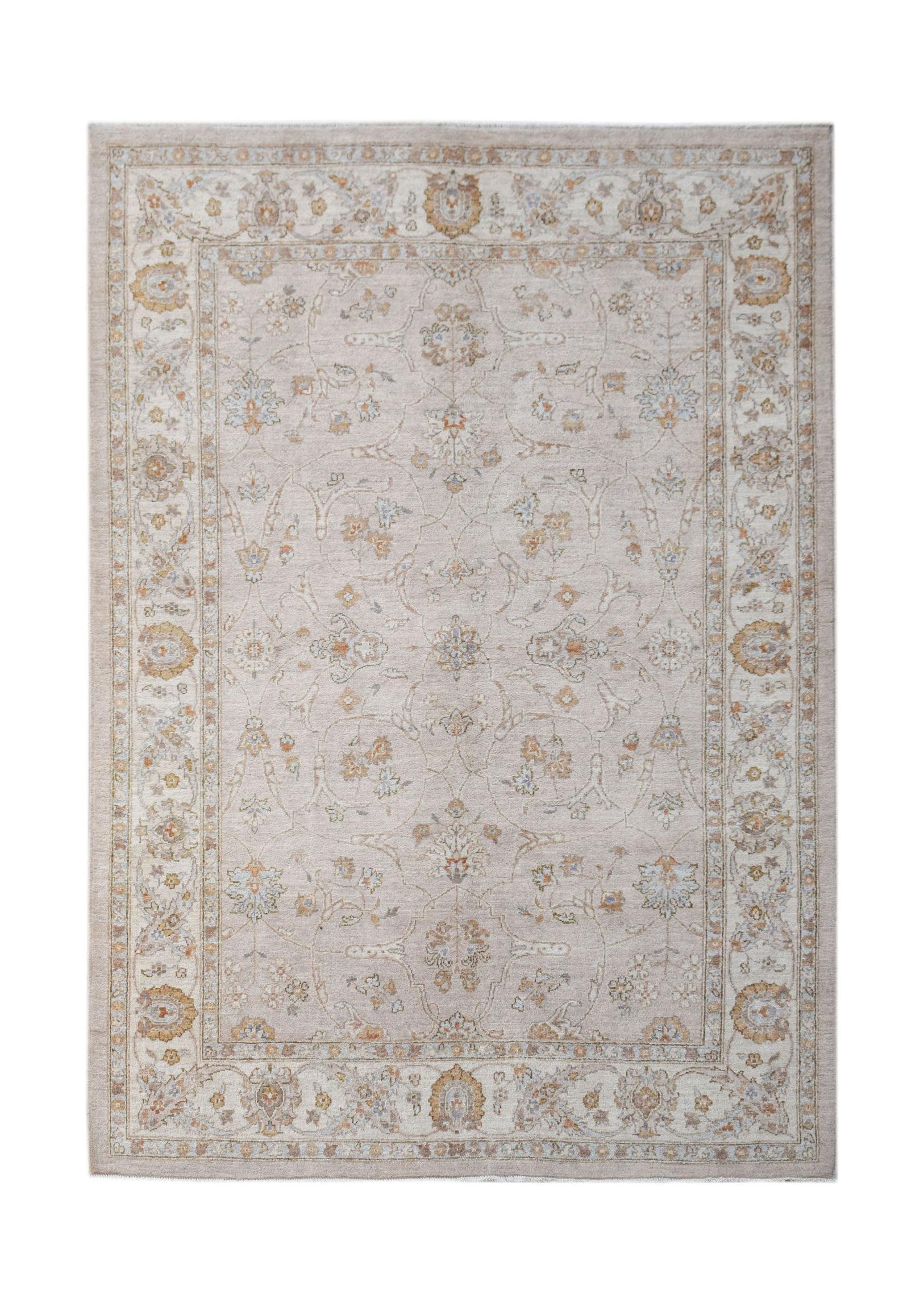 A rectangular Afghan Chobi rug featuring a traditional floral pattern in soft beige and wood tones.
