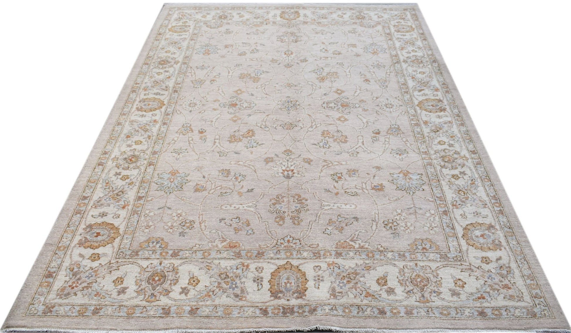 A rectangular Afghan Chobi rug featuring a traditional floral pattern in soft beige and brown tones.