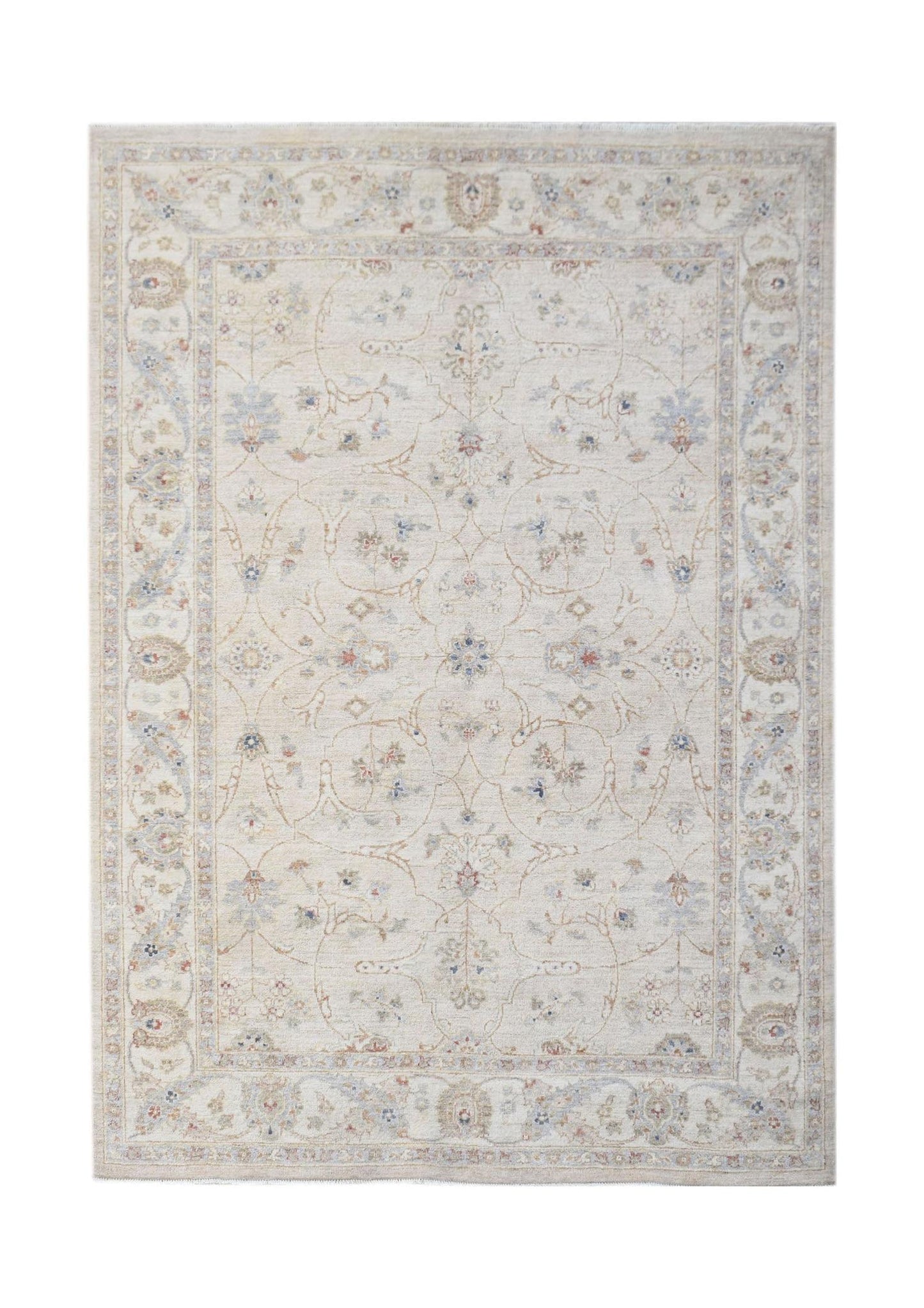 A rectangular Afghan Chobi rug featuring a traditional floral pattern in soft, neutral tones.