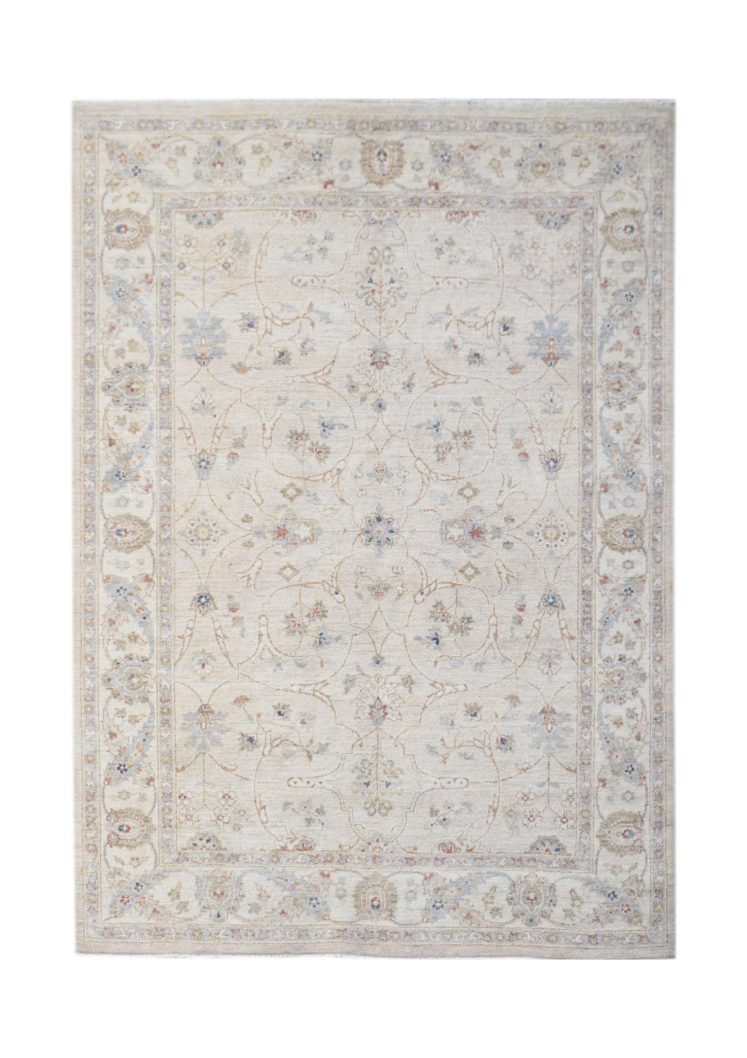 A rectangular Afghan Chobi rug featuring a traditional floral pattern in soft, neutral tones.