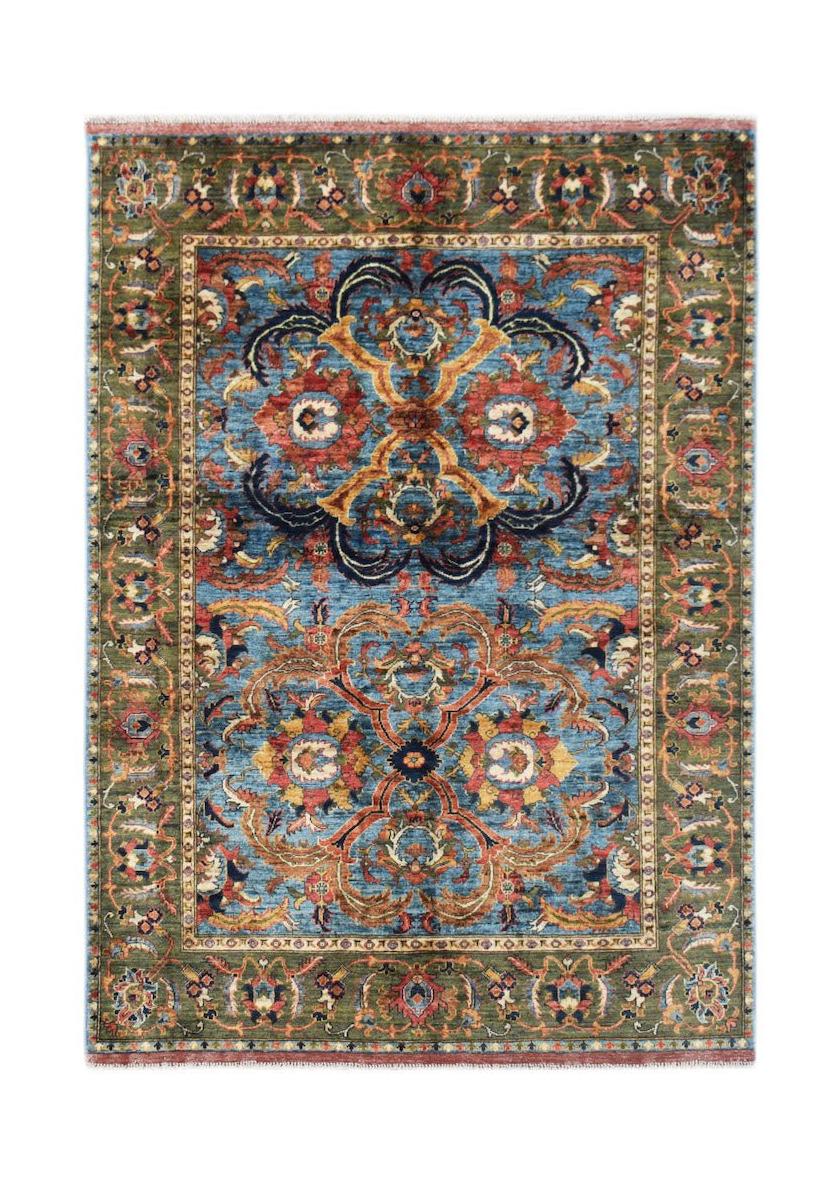 A rectangular Afghan Chobi rug featuring intricate floral patterns in blue, red, and green tones.
