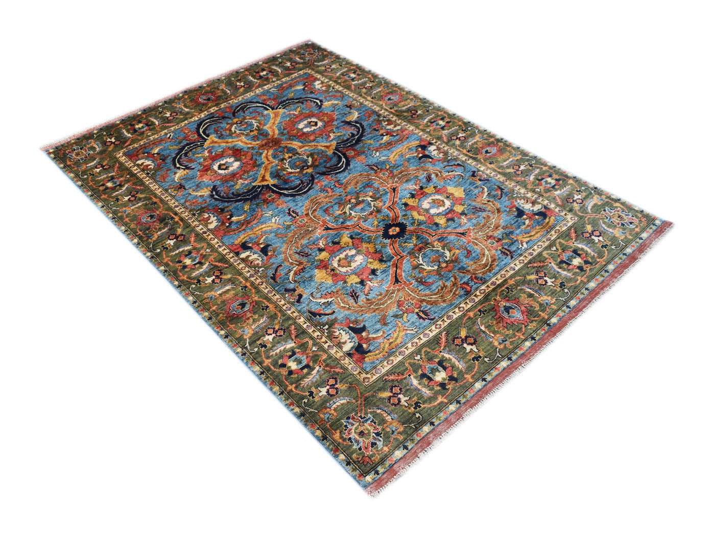A rectangular Afghan Chobi rug featuring intricate floral patterns in blue, red, and green tones.