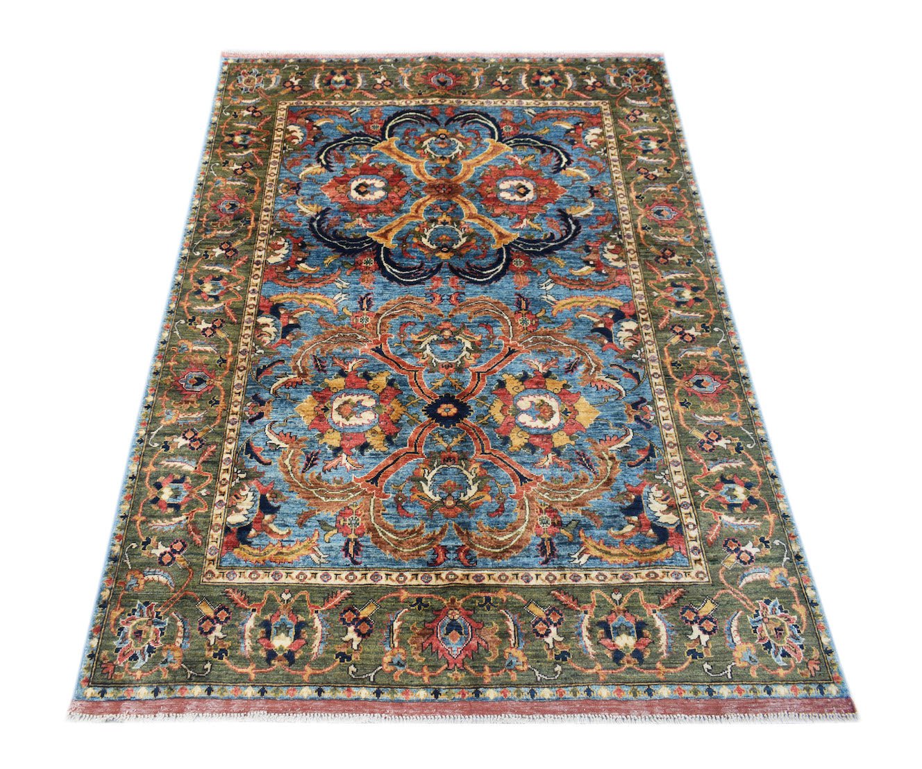 A rectangular Afghan Chobi rug featuring intricate floral patterns in blue, red, and green tones.