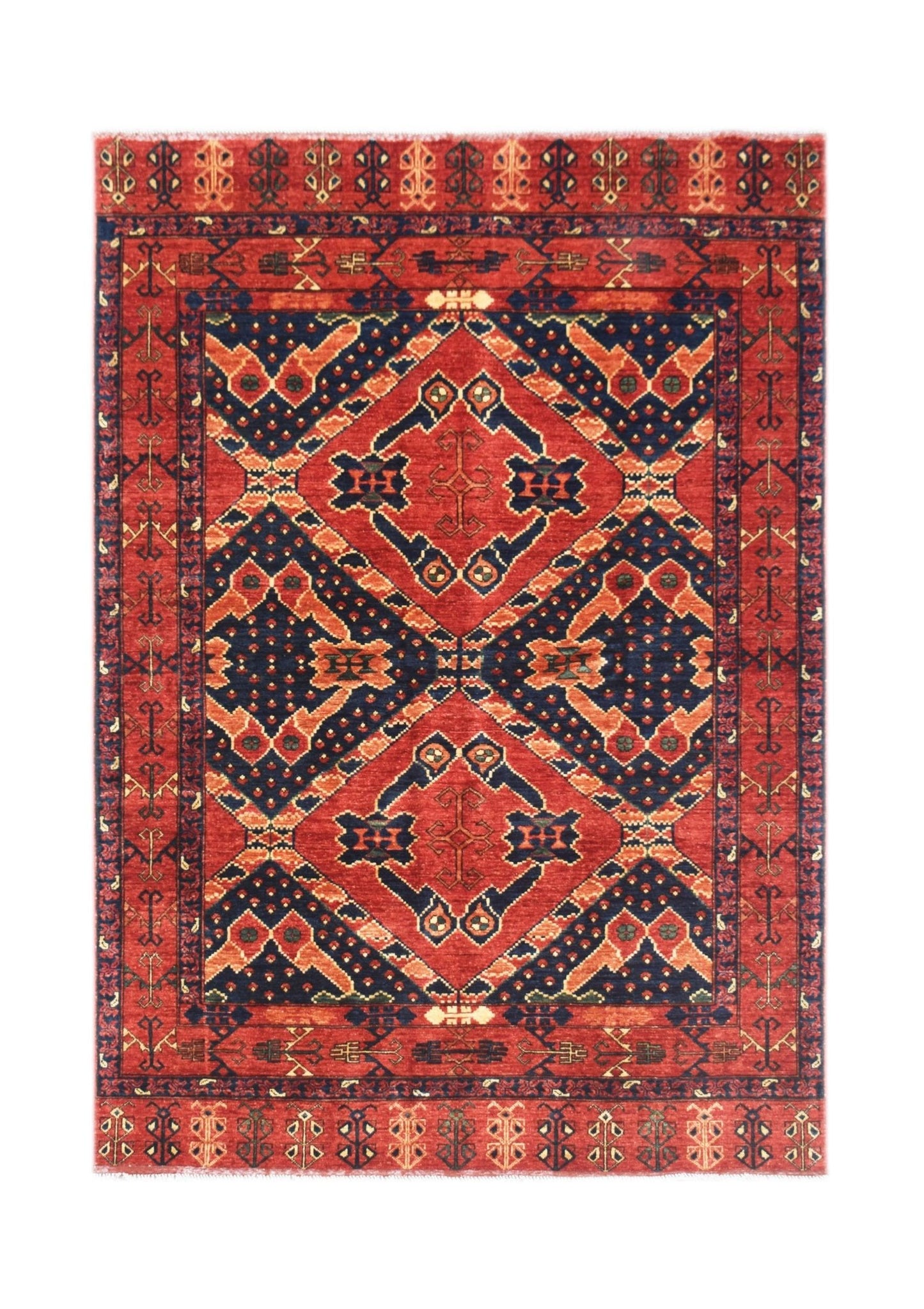 Handmade Afghan Chobi rug featuring a traditional geometric pattern in red and navy blue.
