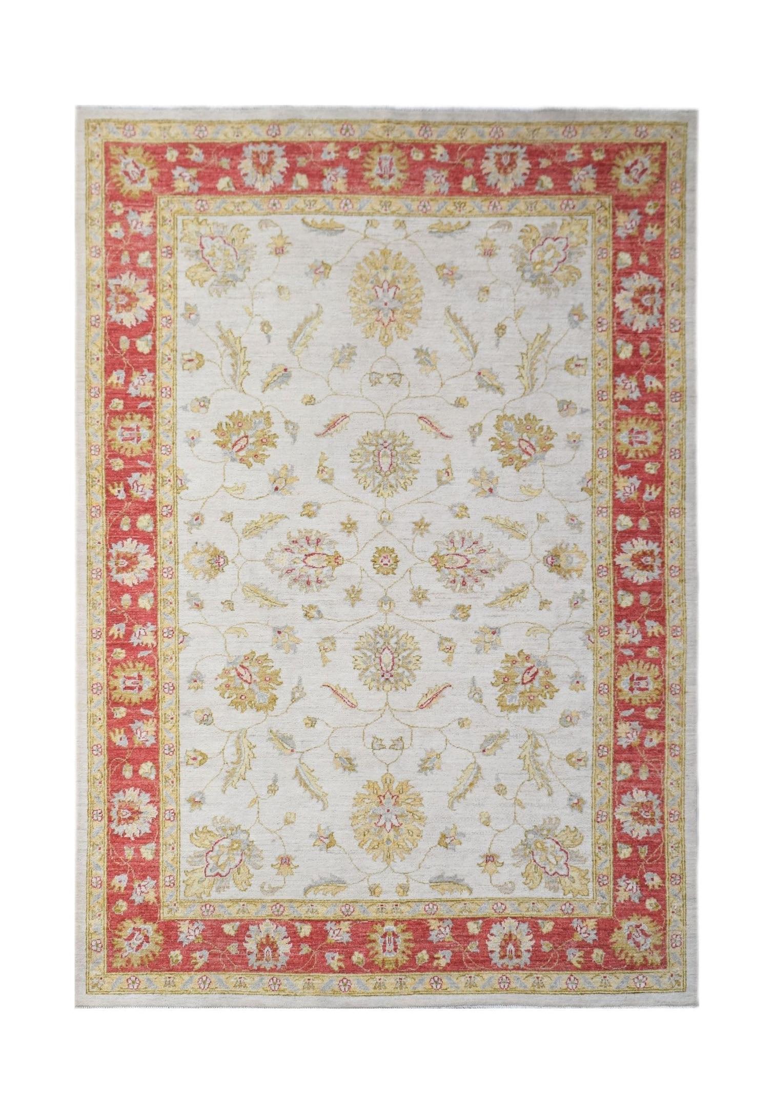 An Afghan Chobi rug featuring a floral pattern in red, yellow, and cream on a light background.