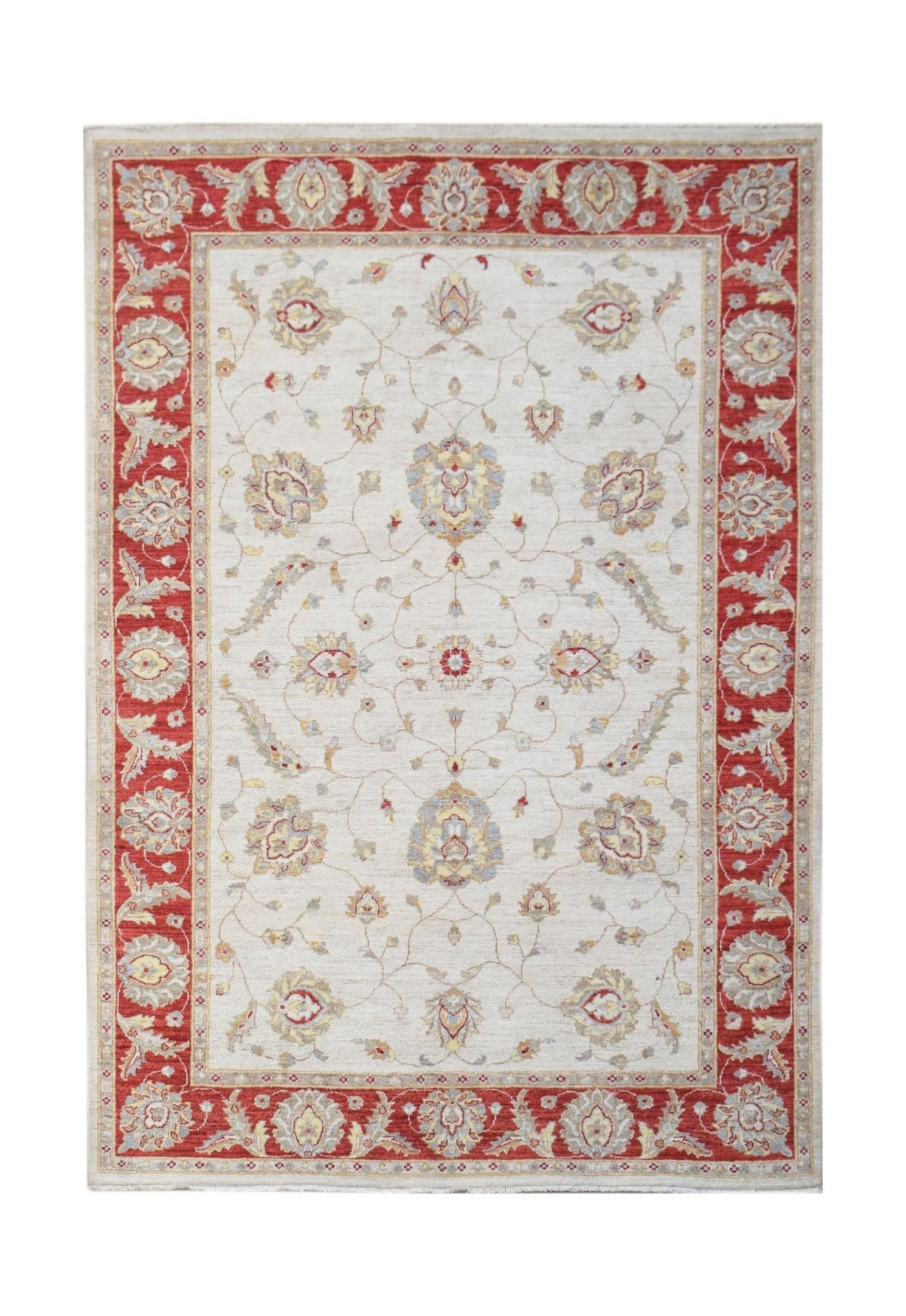 A rectangular Afghan Chobi rug featuring a cream field with floral motifs and a red border.