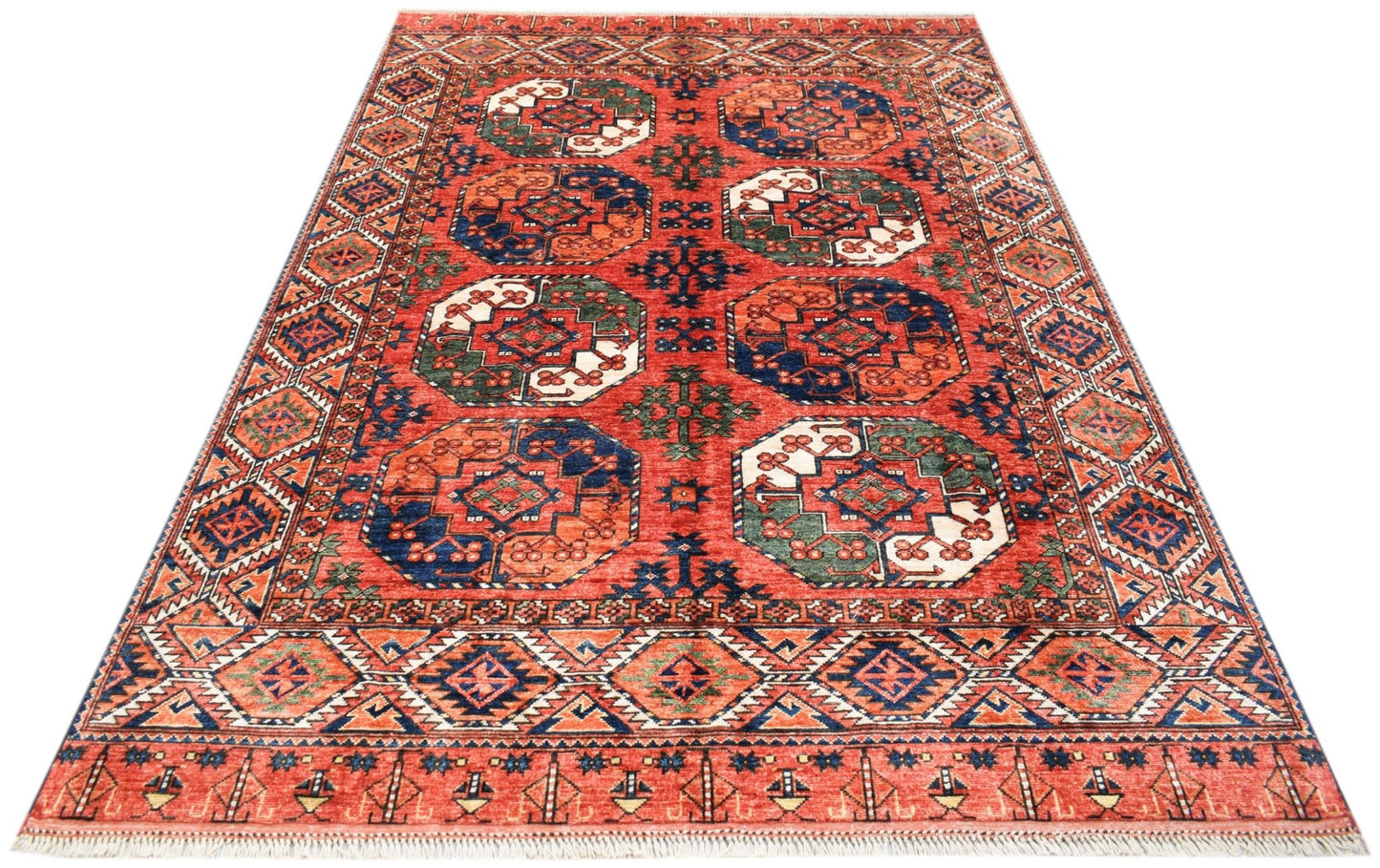 Handwoven Afghan Chobi rug featuring a traditional geometric pattern in red, blue, and cream tones.