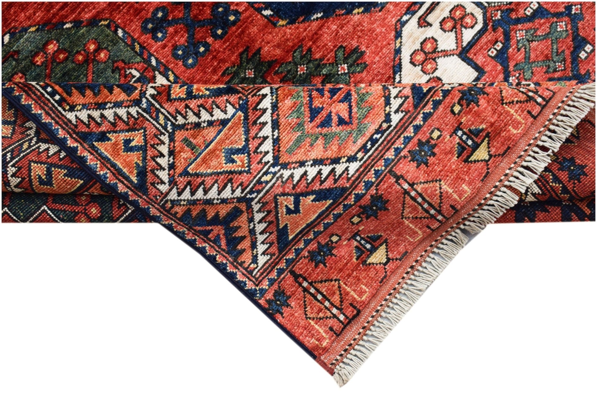 A handwoven Afghan Chobi rug featuring traditional geometric patterns in red, blue, and cream.