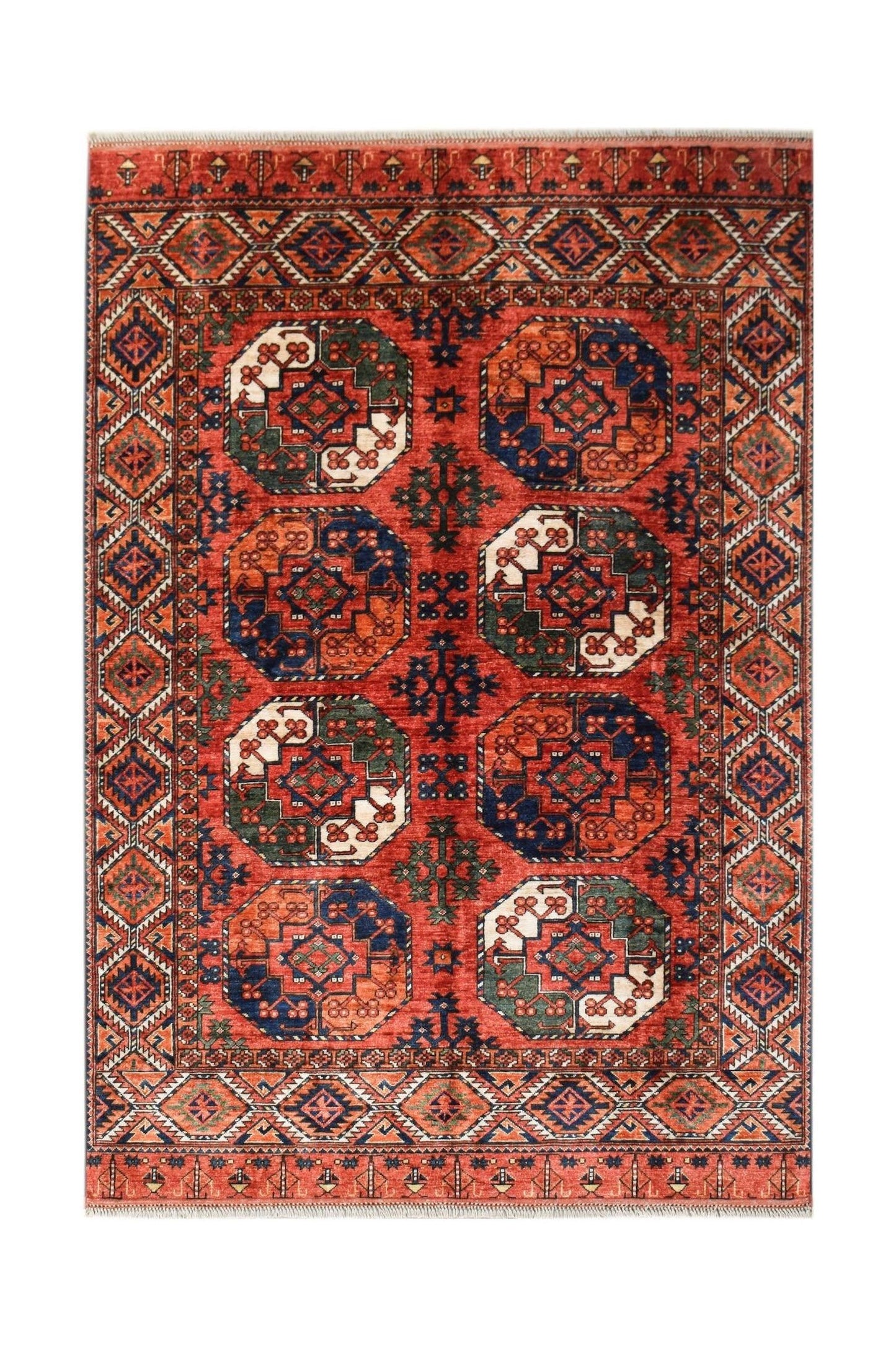 Handwoven Afghan Chobi rug featuring a traditional geometric pattern in red, blue, and cream tones.