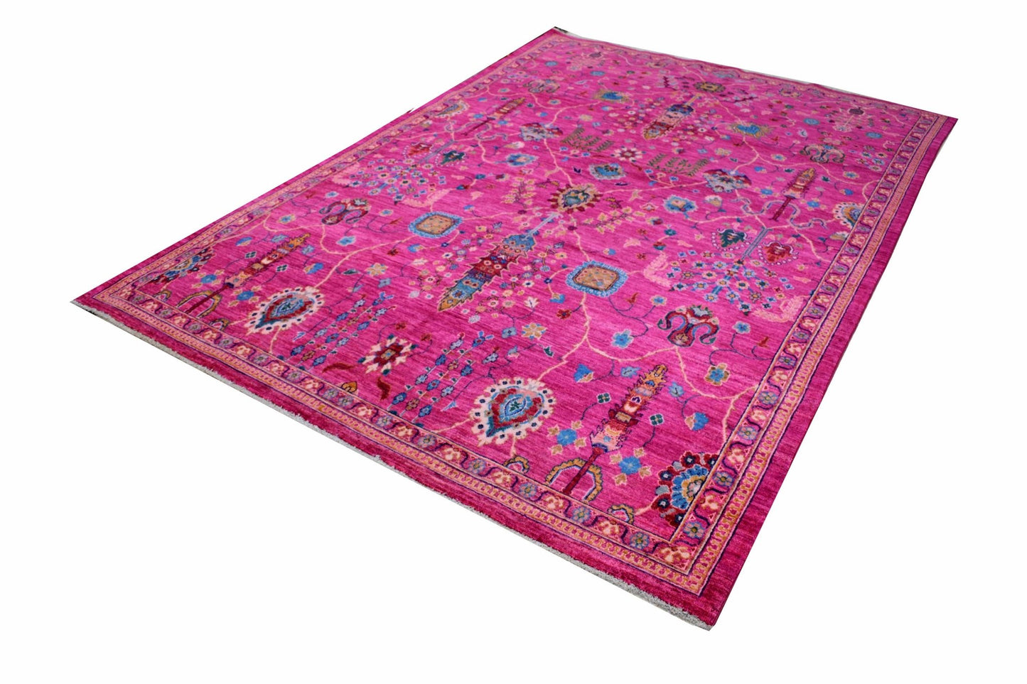 A rectangular Afghan Chobi rug featuring intricate floral patterns in vibrant pink and blue tones.