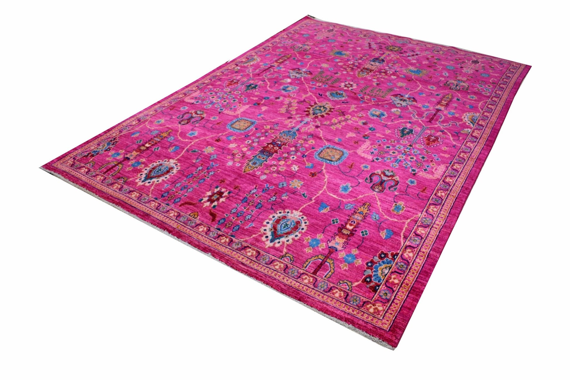 A rectangular Afghan Chobi rug featuring intricate floral patterns in vibrant pink and blue tones.