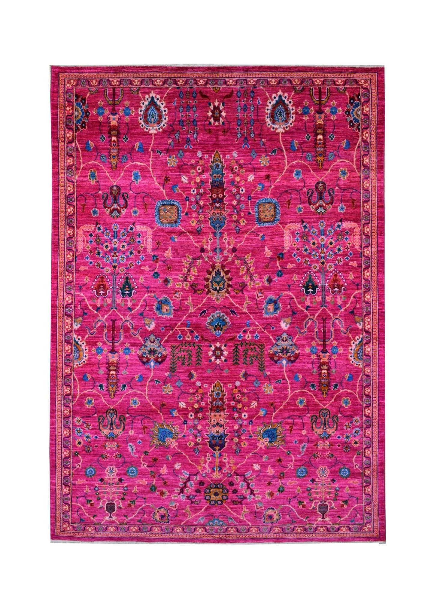 A rectangular Afghan Chobi rug featuring a vibrant pink field with intricate floral patterns.